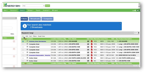 Send RFQ from Search Results on EnergyBin
