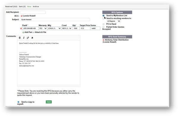 Send RFQ from Search Results on EnergyBin_email template