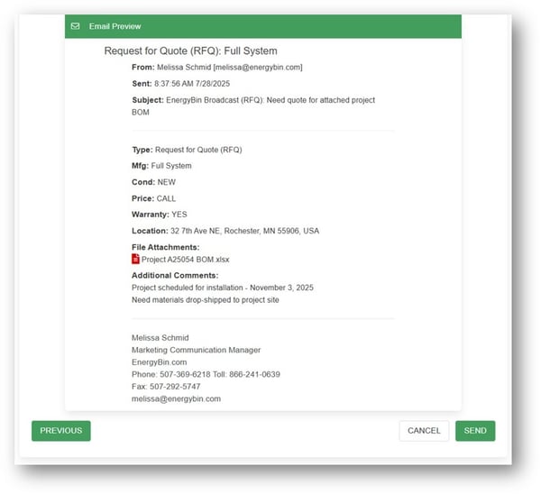 Send a Broadcast RFQ on EnergyBin_3